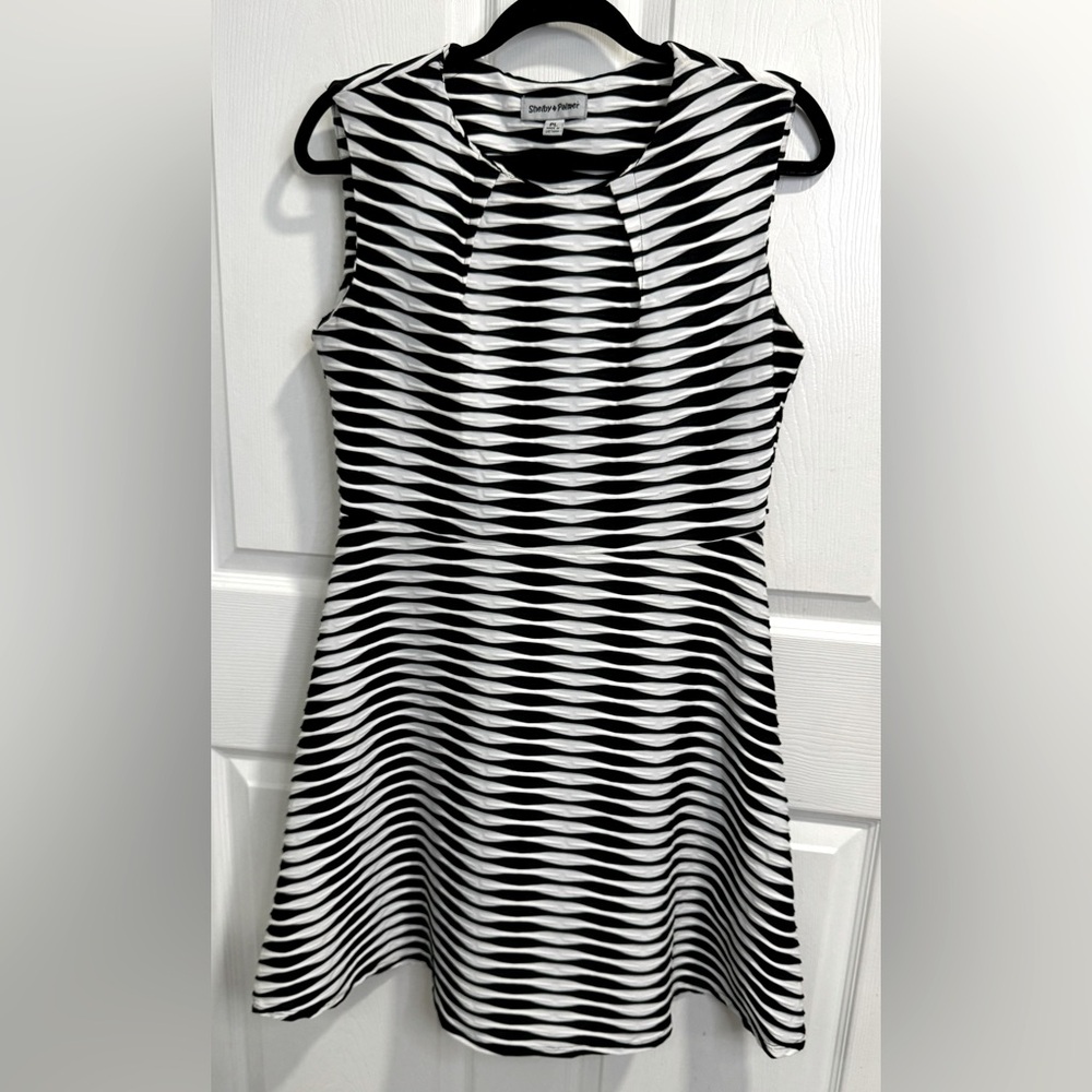 Shelby & Palmer Black & White Geometric Optical Illusion A-Line Dress. Size LP.